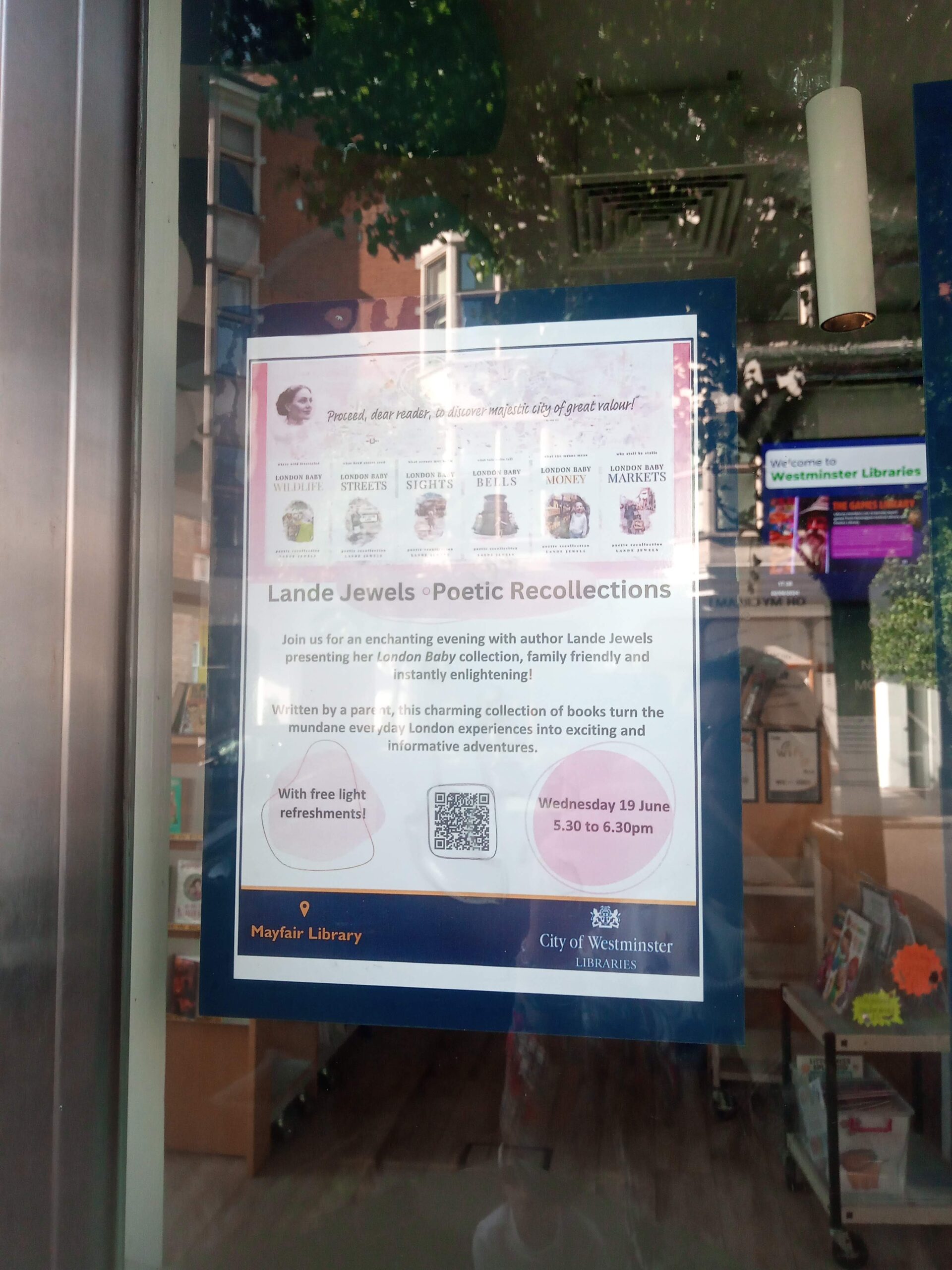 flyer LANDE JEWELS LONDON BABY SERIES event Mayfair Library, Westminster London June 2024